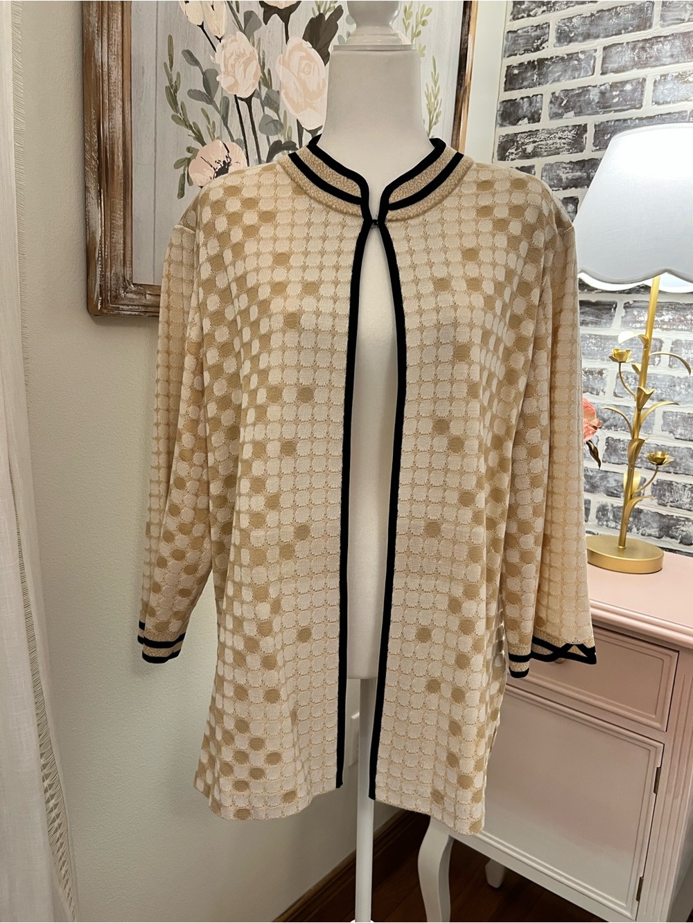 Ming Wang 2X Cream Black Textured Knit Cardigan Jacket Tunic
